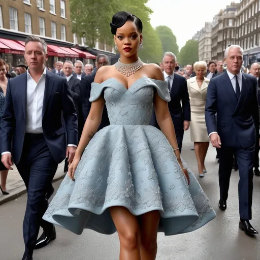 Prompt: Hyper Realistic and very detailed Rihanna wearing a hyper realistic and very detailed Valentino 50s look with a very detailed Valentino dress and very detailed Valentino shoes in the centre of a very accurate 50s London 64k Hd, very accurate 3D 