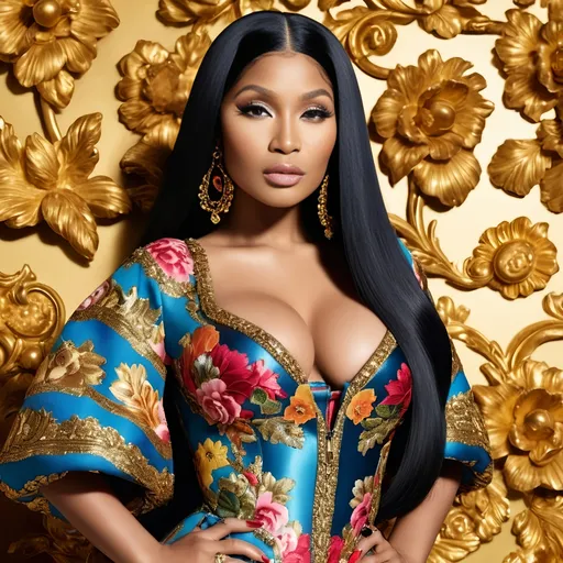 Prompt: Nicki Minaj in Dolce&Gabbana, high fashion photography, vibrant and bold, dramatic lighting, highres, detailed fabric texture, luxurious, fashion icon, confident expression, glossy finish, editorial, glamorous, celebrity style, vibrant colors, professional, high-quality