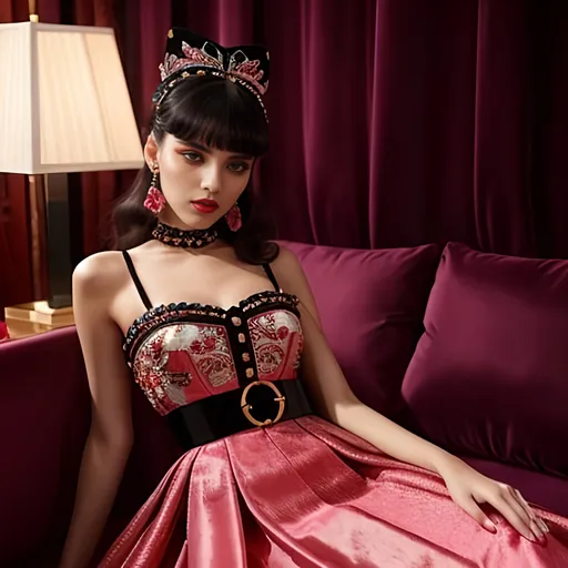 Prompt: Lolita in Miu Miu, elegant, glamorous, high fashion, luxurious fabrics, vibrant colors, detailed embroidery, high quality, runway, couture, extravagant, sophisticated, chic, modern, stylish, editorial, fashion photography, vibrant lighting, haute couture, detailed makeup, professional models, fashionable, luxurious setting