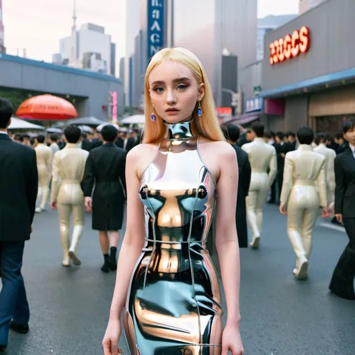 Prompt: Kim Petras wearing metallic dress by Paco Rabanne in a futuristic Wes Anderson Tokyo