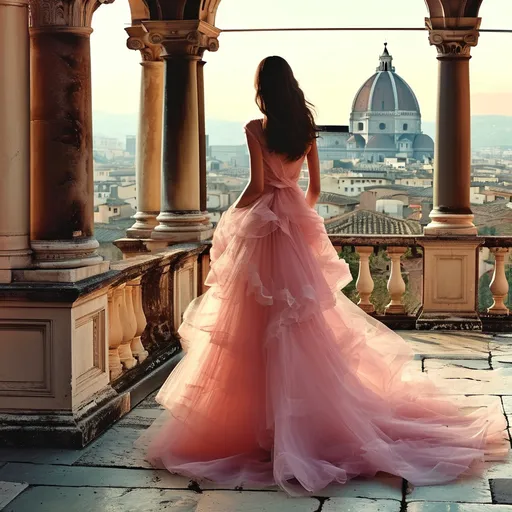 Prompt: (ultra-detailed) image of a very delicate dress by Valentino, set against a picturesque backdrop of Rome, pastel color palette, soft and elegant textures, warm ambient lighting, romantic atmosphere, ornate architecture in the background, gentle shadows playing across the fabric, high fashion elegance, sophisticated vibe, capturing the essence of luxury and artistry, enchanting scenery, dreamy aesthetic.