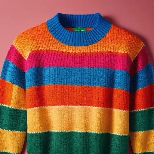 Prompt: High-resolution digital painting of a vibrant Benetton pullover, rich and colorful knit pattern, realistic fabric texture, detailed stitching, warm and cozy feel, bright and cheerful colors, professional illustration, best quality, detailed knit pattern, cozy, realistic fabric texture, vibrant colors, highres, professional, warm lighting