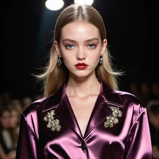 Prompt: Miu Miu look, bold glamorous look, high sheen, intricate detailing, sleek design, fashion show runway, dramatic lighting, spotlight effect, bold 90s style, 90s aesthetic, stylish, 90s quality, ultra-detailed, HD