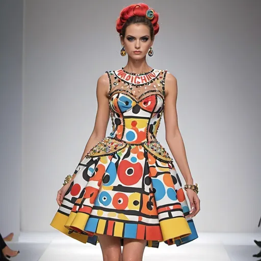 Prompt: (Moschino dress), high fashion design, colorful patterns, playful and vibrant, couture elegance, luxurious texture, striking silhouette, artistic flair, runway-inspired style, intricate details, eye-catching embellishments, bold color palette, fashionable ambiance, (ultra-detailed), high-quality craftsmanship, fashion illustration vibes, stylish ensemble, (vivid colors), aesthetically stunning.