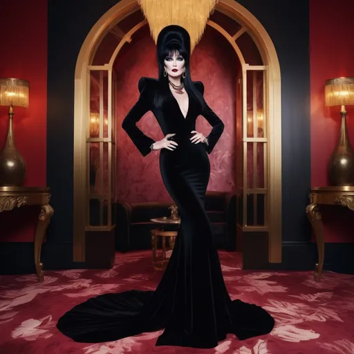 Prompt: (Elvira in Gucci), high fashion in a glamorous setting, dark chic attire, luxurious textures, bold accessories, sophisticated poses, striking makeup, impressive lighting, rich shadows, elegant background, (vibrant colors), refined ambiance, stylish and contemporary vibe, high-definition, ultra-detailed, alluring and captivating atmosphere.