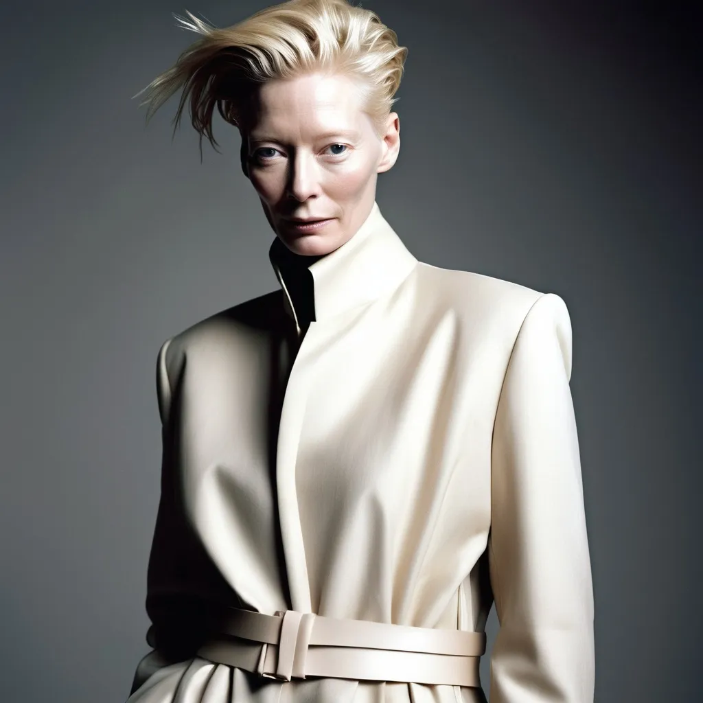 Prompt: (Tilda Swinton), (elegant fashion), wearing Jil Sander, sophisticated attire, striking poses, modern minimalist style, high-quality fabric, soft neutral tones, dramatic lighting, refined background, glamorous atmosphere, artistic portrayal, ultra-detailed, fashion-forward composition, poised expression, iconic blend of chic elegance and contemporary design, perfect for editorial showcase in upscale publication.