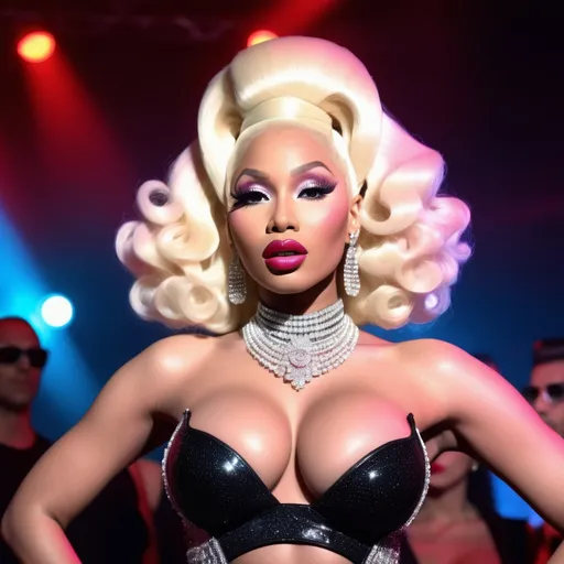 Prompt: Hyper realistic Nicki Minaj as Amanda Lepore wearing a very accurated and hyper realistic look as rave dancer in the 1990s in Madrid 3d quality 64k Hd