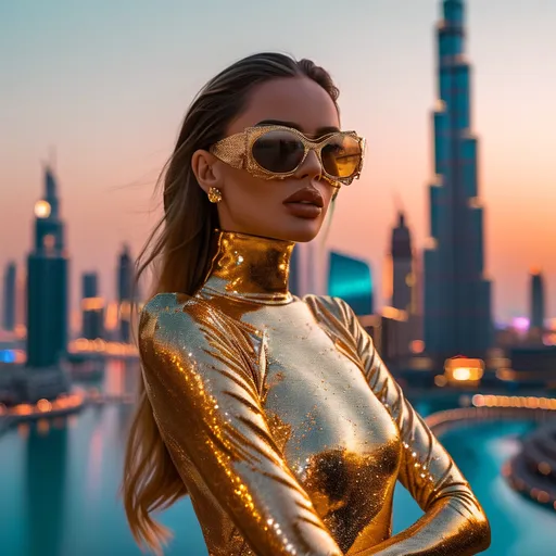 Prompt: Golden metallic outfit, (shimmering) fashion statement, Dubai skyline backdrop, (elegant) architectural details, vibrant nightlife, rich culture, (ultra-detailed) city lights reflecting, warm tones illuminating surroundings, stylish pose, (high-quality) stunning ambiance, modern flair, accents of (luxurious) texture, dynamic urban energy.