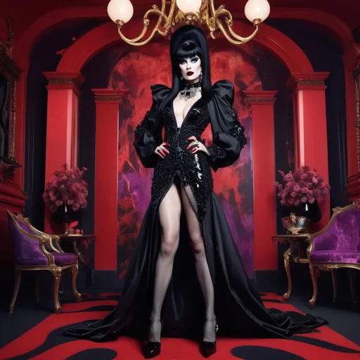 Prompt: Elvira in Miu Miu, (gothic glamour), fashion-forward ensemble, (vibrant colors), striking contrast, bold accessories, dramatic makeup, (elaborate details), captivating pose, abstract background, playful yet elegant vibes, high fashion atmosphere, ( HD, ultra-detailed), stylish urban setting, blending classic horror aesthetic with contemporary fashion.