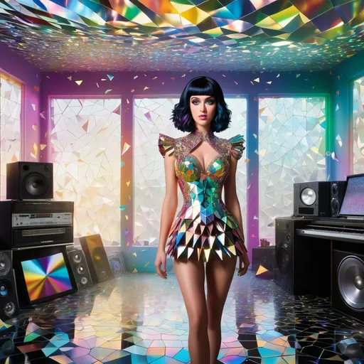 Prompt: A majestic and hyper realistic Katy Perry, her form ingeniously crafted from a myriad of shattered CDs, standing amidst a garage sale in a prism-punk utopia. This ethereal figure, a mosaic of reflective fragments, exudes an aura of serene omnipotence. The CDs, once symbols of a technological past, now repurposed, give her a radiant, holographic appearance. The surrounding environment is a fusion of vivid colors and geometric shapes, embodying the quintessence of prism-punk aesthetics. Imagine a time-lapse effect at play, where the world around her moves in accelerated motion: people perusing the garage sale blur into swift, fluid movements while she remains a tranquil, unchanging beacon amidst the hustle. Sunlight catches on her fragmented form, casting kaleidoscopic patterns that dance across the utopian landscape. This scene encapsulates ultimate serenity within a dynamic, ever-changing world, symbolizing the timeless grace amidst the relentless passage of time. 