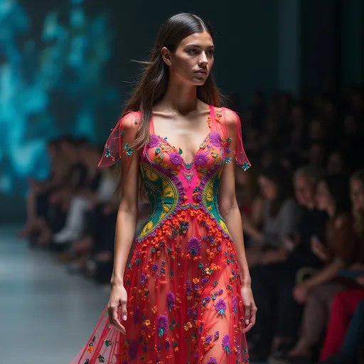 Prompt: Kenzo dress, (vibrant colors), elegant and modern design captured in exquisite detail, showcasing intricate patterns and unique textures, dramatic lighting enhancing the bold hues, surrounded by a soft, blurred background to emphasize the elegance, high-quality HD presentation, fashion-forward and striking composition that captures attention.