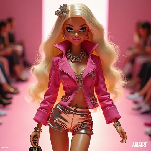 Prompt: Barbie wearing Moschino, vibrant and chic outfit, luxurious textures, playful accessories, stylish pose, eye-catching color palette, glamorous runway setting, soft pastel background, warm lighting, high-fashion ambiance, ultra-detailed, photorealistic fashion illustration, dynamic composition, playful yet sophisticated atmosphere, emphasizing luxury and fun. 
