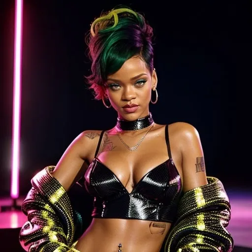 Prompt: Rihanna wearing DSquared2, high fashion, vibrant colors, glamorous makeup, glossy textures, high-end couture, professional photography, high quality, glamorous, vibrant, high fashion, glossy textures, professional lighting