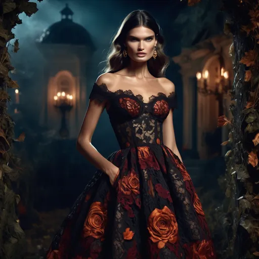 Prompt: Bianca Balti in a stunning (Dolce&Gabbana) Halloween-inspired dress, the gown features intricate lace detailing and a dramatic silhouette, (elegantly styled), surreal lighting that enhances the glamour, gloomy and vibrant atmosphere, perfect for a Halloween scene, richly saturated colors, chilling yet captivating aesthetic, (4K), ultra-detailed.