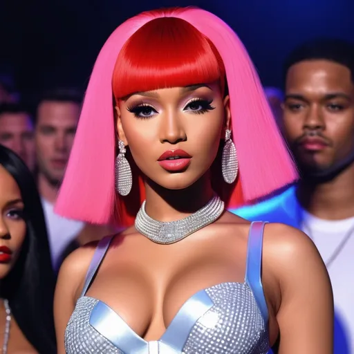Prompt: Hyper realistic Nicki Minaj as hyper realistic Rihanna wearing a very accurated and hyper realistic look as rave dancer in the 1990s in Madrid 3d quality 64k Hd