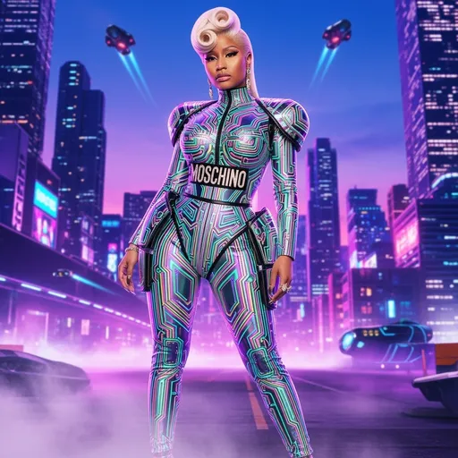 Prompt: Visualize Nicki Minaj standing boldly in a futuristic Moschino bodysuit, an emblem of fashion from the year 3000. The bodysuit gleams with iridescent colors that shift with every movement, adorned with intricate patterns resembling circuitry that pulse softly with light. She poses confidently in a neon-lit urban landscape, skyscrapers looming in the background, their surfaces glinting under a twilight sky awash with vibrant purples and blues. A mist swirls around her feet, catching the neon reflections, while flying vehicles zip past overhead. Nicki’s expression is fierce and commanding, her hair styled in an avant-garde fashion, embodying both power and grace. This scene is rich with a cinematic, photorealistic style, emphasizing the contrast between her and the dazzling futuristic world around her.