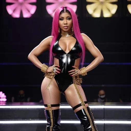 Prompt: Nicki Minaj wearing a glam rock Balmain look