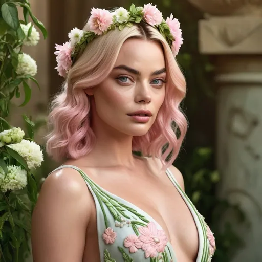 Prompt: HD 4k 3D Margot Robbie hyper realistic, professional modeling, ethereal Greek goddess of spring, pastel pink hair, pale skin, gorgeous face, floral embroidered gown, pastel jewelry and floral crown, full body, embodiment of Springtime, lush greenery, vegetation, and flora, detailed, elegant, ethereal, mythical, Greek, goddess, surreal lighting, majestic, goddesslike aura