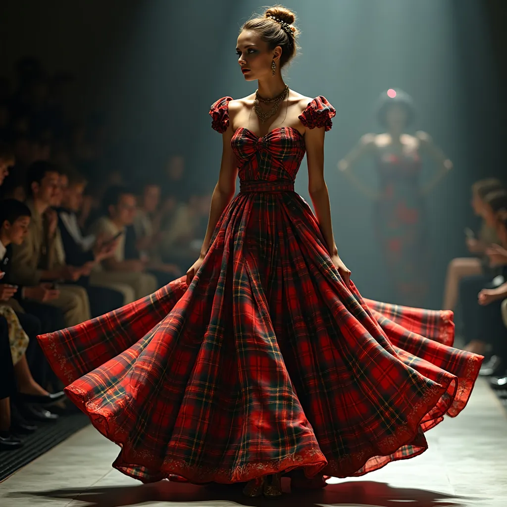 Prompt: (Vivienne Westwood tartan dress), high-fashion design, avant-garde styling, intricate patterns, flowing fabric, bold colors, dramatic silhouette, vintage flair, stunning textures, luxurious details, soft lighting, artistic presentation, elegant aura, ultra-detailed, 4K quality, cinematic elegance, meticulously crafted, fashion-forward atmosphere, runway inspiration.