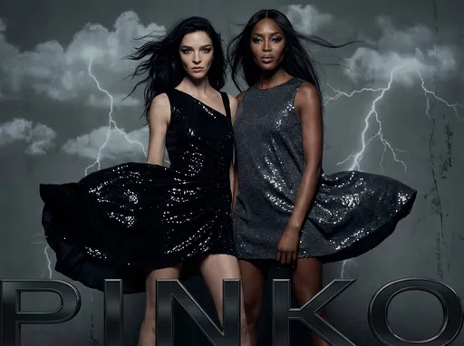 Prompt: Visualize Maria Carla Boscono and Naomi Campbell in a windy studio campaign by Pinko posing artistically and fashion with mini dress sequinned. 
The campaign is dark, windy and with thunderbolt and lightning in a ton sur ton with dark grey sequinned.
The models pose fiercely in this studio 