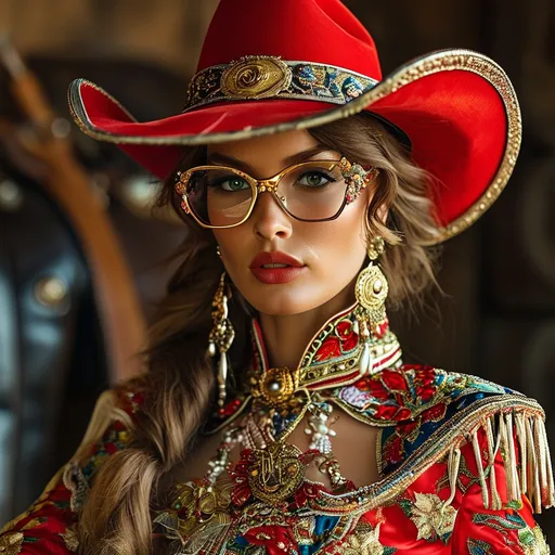 Prompt: Dolce&Gabbana cowgirl look, (fashionable outfit), intricate western designs, high fashion, vibrant colors, luxurious textures, bold accessories, modern twist on classic cowgirl style, detailed stitching, elegant composure, perfectly styled hair, (dramatic lighting), dynamic pose, luxurious surrounds giving an upscale vibe, (high quality), attention to detail, (ultra-detailed).