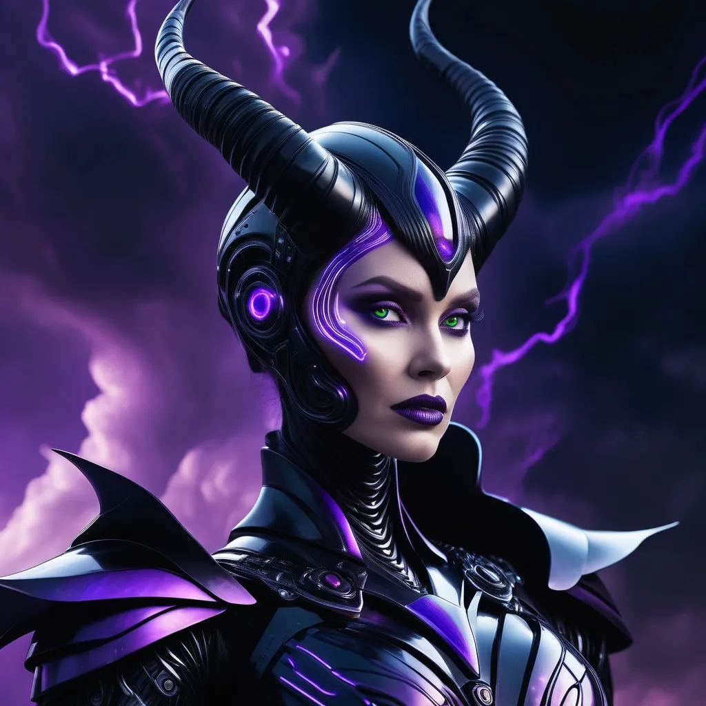 Prompt: (cyborg Maleficent), futuristic armor, intricate technology, glowing accents, menacing expression, dark magic aura, dramatic black and violet color palette, high detail, cinematic lighting, ethereal background with swirling clouds, blending fantasy and sci-fi elements, ultra-detailed, evoking a sense of power and mystique.