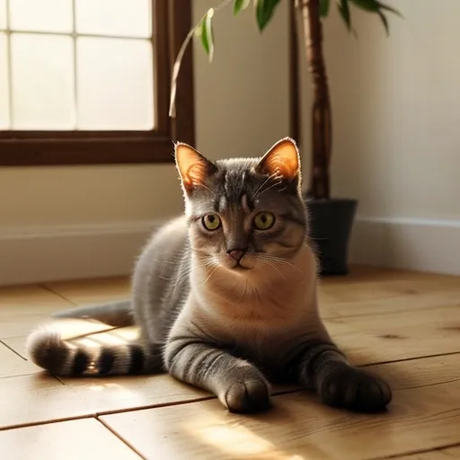 Prompt: (Cat), serene domestic feline, striking posture, soft fur, bright eyes, warm sunlight filtering through, cozy room ambiance, delicate shadows cast on a wooden floor, high resolution, ultra-detailed fur texture, peaceful and inviting atmosphere, gentle and calm expression, interesting background elements like a plant and a toy, perfect for displaying warmth of companionship.