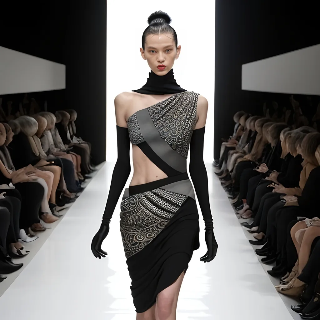 Prompt: Issey Miyake fashion design, (stylish clothing), avant-garde materials, bold textures, innovative shapes, (elegant silhouette), sophisticated colors, warm ambient lighting, showcase of intricate patterns, (high fashion runway), (ultra-detailed), modern art influence, creative expressions, luxurious atmosphere.