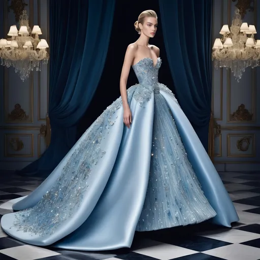 Prompt: Cinderella in Balenciaga, modern haute couture, elegant ball gown, glass slippers, high fashion, luxurious fabric, intricate details, runway-ready, high-end, glamorous, fairytale twist, best quality, highres, fashion illustration, modern, opulent, sophisticated, dramatic lighting, chic color tones