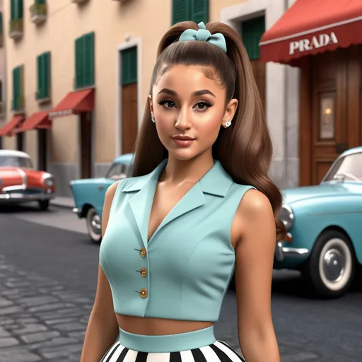 Prompt: Hyperrealistic 3D rendering of Ariana Grande in 50s Italian Capri fashion, photorealistic, accurate facial features, Prada outfit, high resolution 64k, detailed textures, realistic lighting, Capri street backdrop, sophisticated, elegant, photorealism, Italian fashion, 50s style, high quality, Prada, detailed design, accurate portrayal, realistic rendering, lifelike, professional, professional lighting 