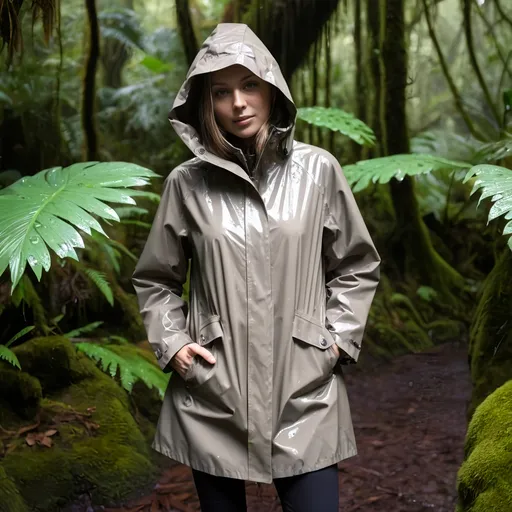 Prompt: taupe with raincoat in a british rainforest 