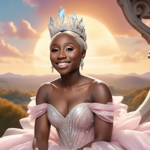 Prompt: Cynthia Erivo as Glinda, (majestic fairy queen), radiant gown flowing with shimmering pastels, seated gracefully, (sparkling tiara), enchanting smile illuminating her face, (magical atmosphere), soft, warm sunlight casting gentle shadows, whimsical clouds in the background, elegant and ethereal, (4K ultra-detailed), capturing fantasy and elegance combined.