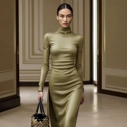 Prompt: (high-fashion concept), (Bottega Veneta), luxurious and stylish, clean lines, elegant design, sophisticated color palette, rich green and beige tones, opulent textures, minimalist aesthetic, artistic layout, warm ambient lighting, ultra-detailed, high quality, modern elegance testament to craftsmanship, hint of exclusivity, harmonious balance of forms, dazzling look that captures attention.