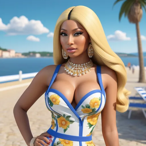 Prompt: Hyperrealistic 3D Nicki Minaj in 90s italian Rimini Seaside summer and  fashion Moschino, photorealistic, accurate features, Moschino outfit, high resolution 64k, detailed textures, realistic lighting, Rimini lungomare  backdrop, sophisticated, elegant, photorealism, Italian fashion, 90s style, high quality, Moschino, detailed design, accurate, realistic rendering, lifelike, professional, professional lighting 