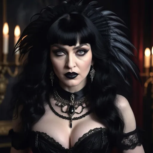 Prompt: (Madonna as Elvira), (gothic glamour), elaborate feathered black wig, striking makeup with pale skin and dark lipstick, stunning corset dress adorned with lace, dramatic collar, (intense expression), hot pose, (moody lighting highlighting features), (mysterious atmosphere), (luxurious, dark) background, 4K ultra-detailed, cinematic quality, a fusion of pop royalty and spooky elegance.