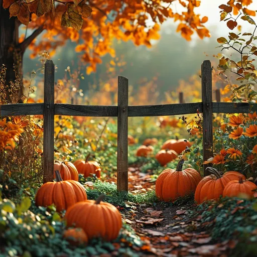 Prompt: (cozy pumpkin garden), warm autumn tones, vibrant foliage, soft golden sunlight filtering through trees, inviting ambiance, pumpkins of all sizes scattered amidst green vines, rustic picket fences, gentle breeze rustling leaves, hint of nostalgia and tranquility, (4K), ultra-detailed, serene atmosphere, vibrant marigolds and chrysanthemums in the background