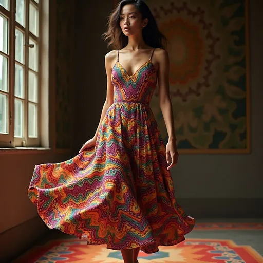 Prompt: (vibrant Missoni dress), swirling colorful patterns, elegant silhouette, flowing fabric, luxurious texture, fashion photography, bold stripes and zigzags, high contrast colors, sophisticated and chic, set against a stylish backdrop, warm ambient lighting, ultra-detailed, 4K quality.