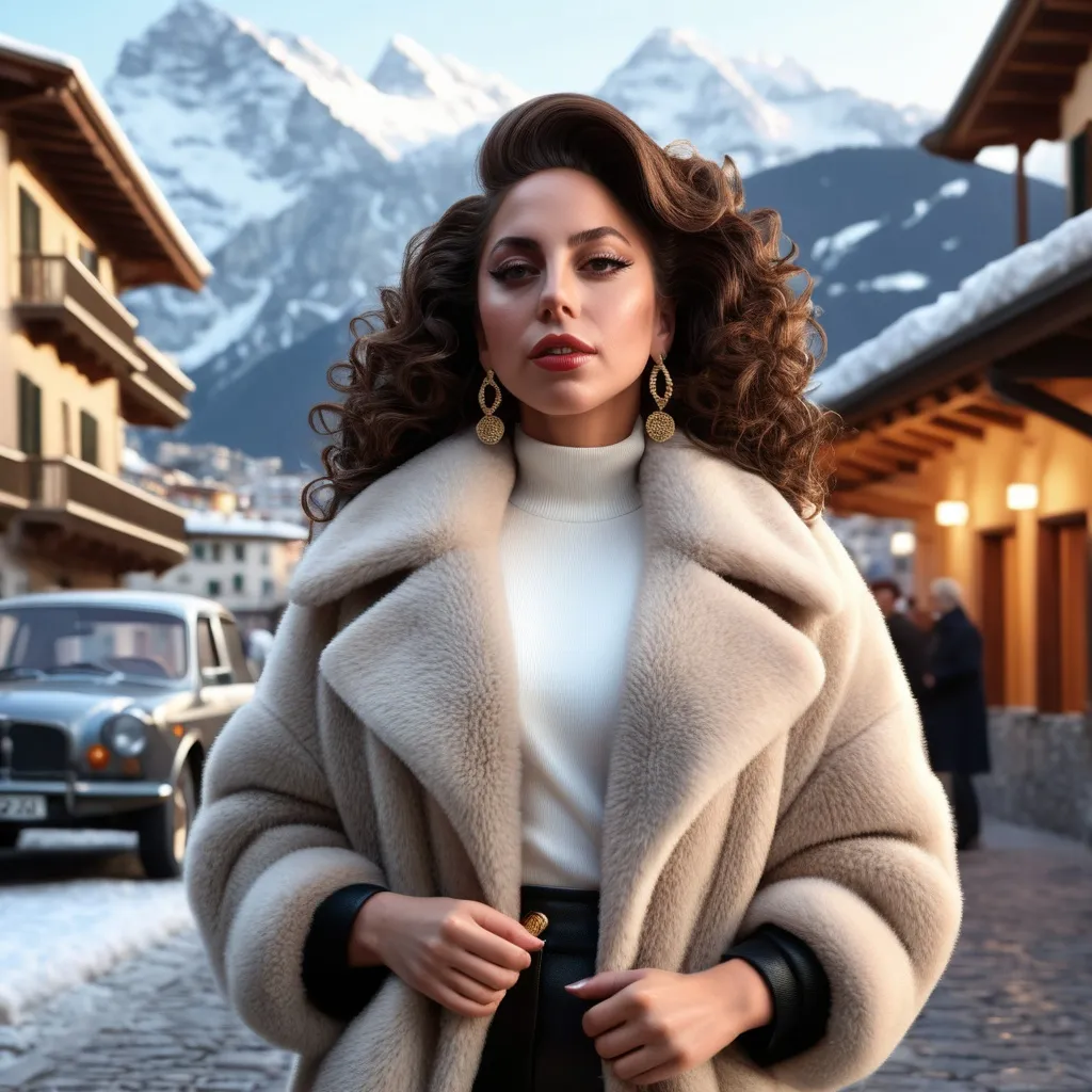 Prompt: Hyperrealistic 3D Lady Gaga with curly and dark hair in 80s italian Courmayeur winter and cold fashion, photorealistic, accurate features, Versace outfit, high resolution 64k, detailed textures, realistic lighting, Capri street backdrop, sophisticated, elegant, photorealism, Italian fashion, 80s style, high quality, Versace, detailed design, accurate, realistic rendering, lifelike, professional, professional lighting 