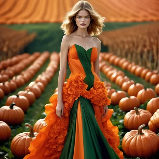 Prompt: (Natalia Vodianova in a captivating Versace dress inspired by pumpkins), elegant and sophisticated, vibrant orange and deep green hues, flowing and structured design, luxurious fabric textures, surrounded by a whimsical pumpkin patch, soft warm light casting enchanting shadows, high detail, ultra-detailed, cinematic atmosphere showcasing fashion and nature's beauty.