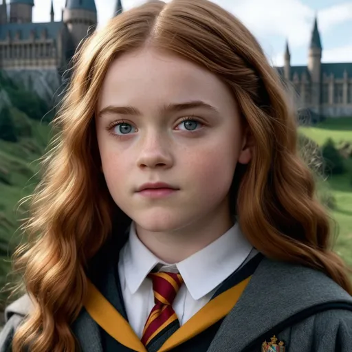 Prompt: Hyper realistic Sadie Sink as a very detailed ultra hd 64k 3d quality Hermione Granger at Hogwarts background 