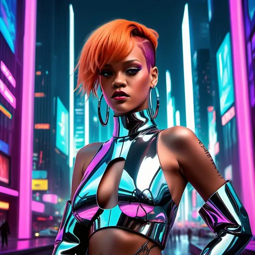 Prompt: (central content: Rihanna in a futuristic city in 3000), vibrant sci-fi setting, stunning neon lights, high-tech architecture, expressive and stylish pose, dynamic fashion with metallic accents, surrounded by holographic displays, atmospheric blend of excitement and awe, futuristic skyline in the background, (ultra-detailed), high definition, energetic ambiance.