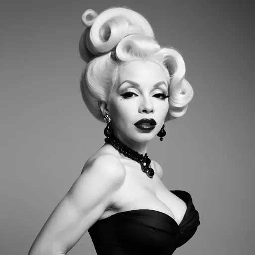 Prompt: Fashion photography Amanda Lepore in classic black and white style, crisp details, very high contrast, elegant avantgarde poses, vintage aesthetic, herb ritts, studio setting, minimalistic composition, high quality, classic, black and white, elegant poses, crisp details, high contrast, studio setting, minimalistic composition, white background
