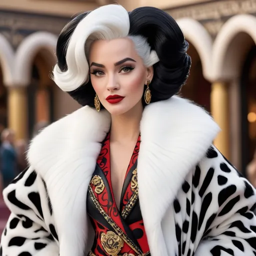 Prompt: Hyper realistic Cruella wearing a very detailed Versace Outfit in a Disney Movie