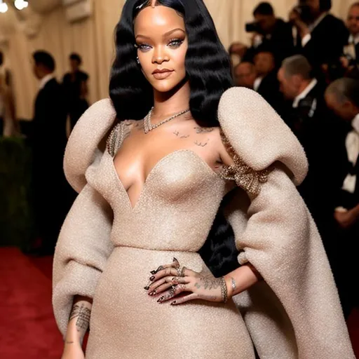 Prompt: Very detailed Schiaparelli dress on an amazing and hyper realistic Rihanna