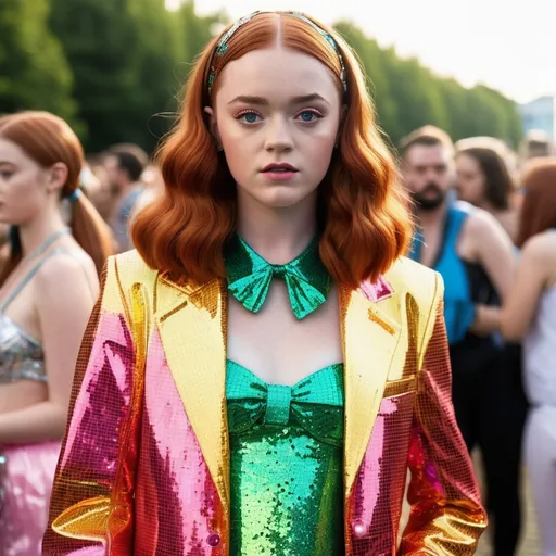 Prompt: Hyper realistic Sadie Sink as Katy Perry ready for a rave party festival total look in Berlin ready to party 