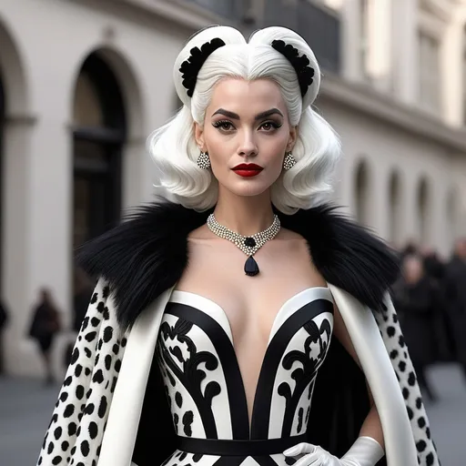 Prompt: Extremely accurated and detailed hyper realistic Cruella in a very detailed Valentino dress 