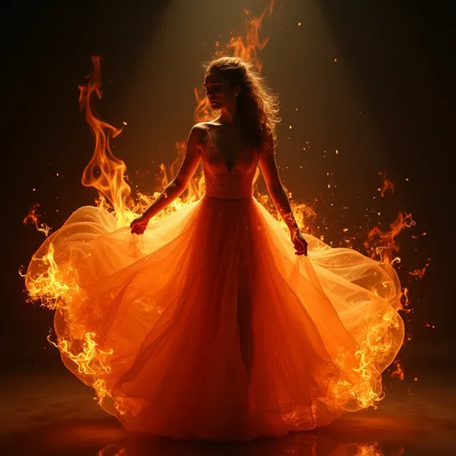 Prompt: Fire dress, vibrant flames enveloping a flowing gown, glowing with hues of deep orange, fiery red, and hints of gold, creating an ethereal effect, sophisticated movement captured in a dynamic pose, set against a contrasting dark background, capturing an enchanting and dramatic atmosphere, incredibly detailed 4K, ultra-detailed, masterpiece.