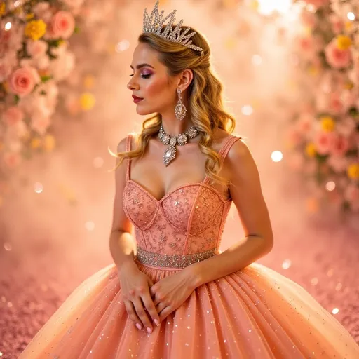 Prompt: (Glinda wearing Fendi), elegant attire, whimsical and dazzling energy, fine details of the clothing, soft pastels and luxurious textures, sparkling accessories, enchanted ambiance, dreamy background with floating bubbles and apricot-colored light, warm and inviting atmosphere, high fashion representation, ultra-detailed, vibrant with magical elements.