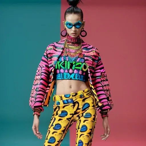 Prompt: (vibrant Kenzo look), bold prints, striking colors, modern fashion, stylish layering, unique textures, eye-catching accessories, (high fashion), urban backdrop, (artistic flair), (HD quality), dynamic poses, fashion model showcasing elegance, contemporary attire, sophisticated design, rich contrasts, playful and energetic atmosphere.