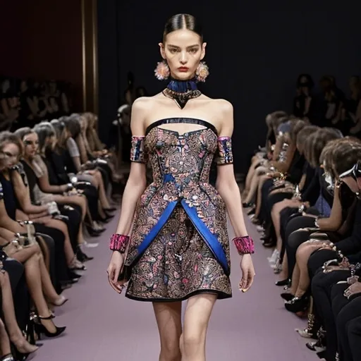 Prompt: (Miu Miu dress), (high fashion), vibrant colors, stylish elegance, chic design, soft fabric folds, intricate details, luxurious textures, fashion runway ambiance, ultra-detailed, glamorous lighting, captivating silhouette, artistic presentation, modern haute couture, fashion statement, innovative styling, fashionable setting, stunning visual appeal.